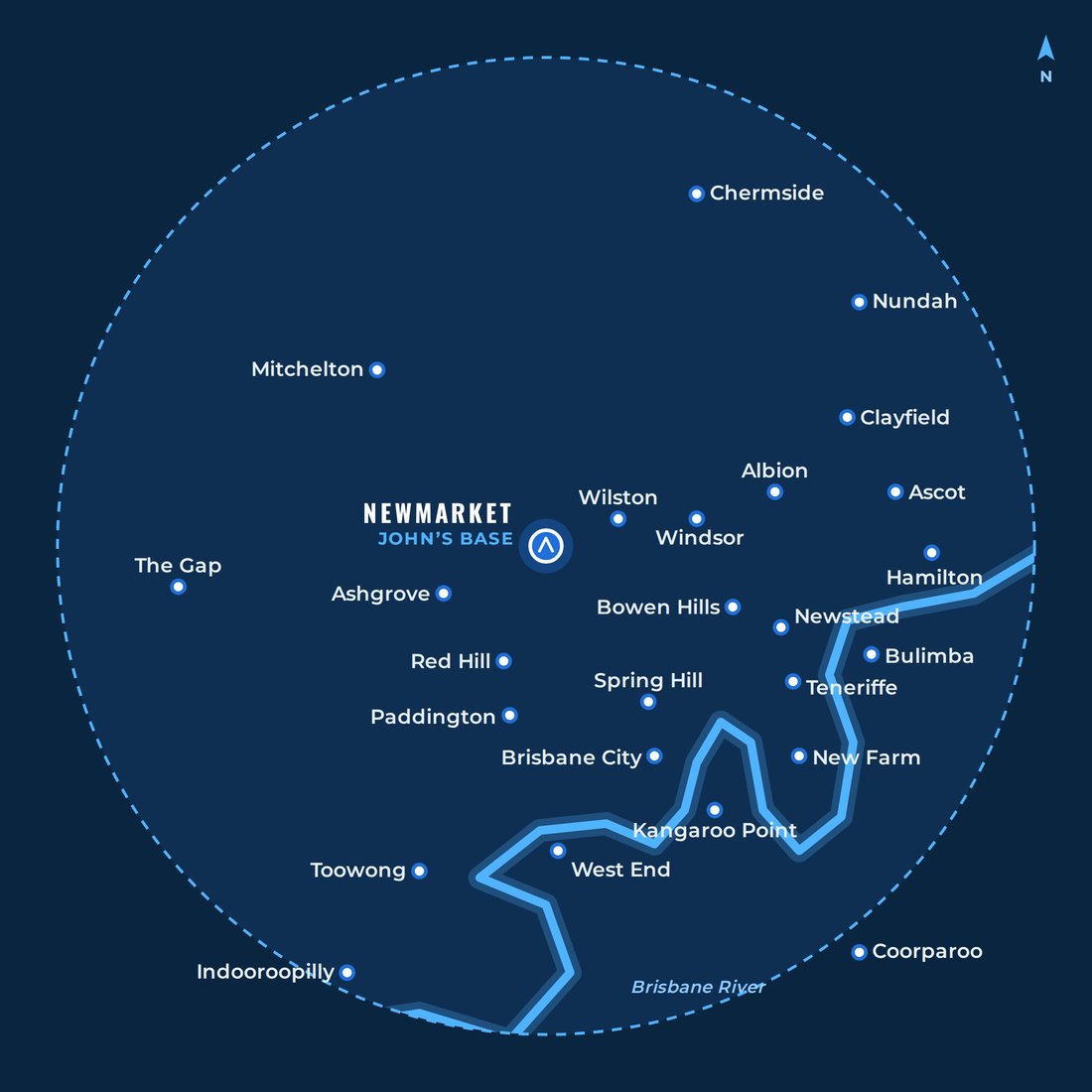 Map of inner Brisbane suburbs John covers, centred on his base in Newmarket